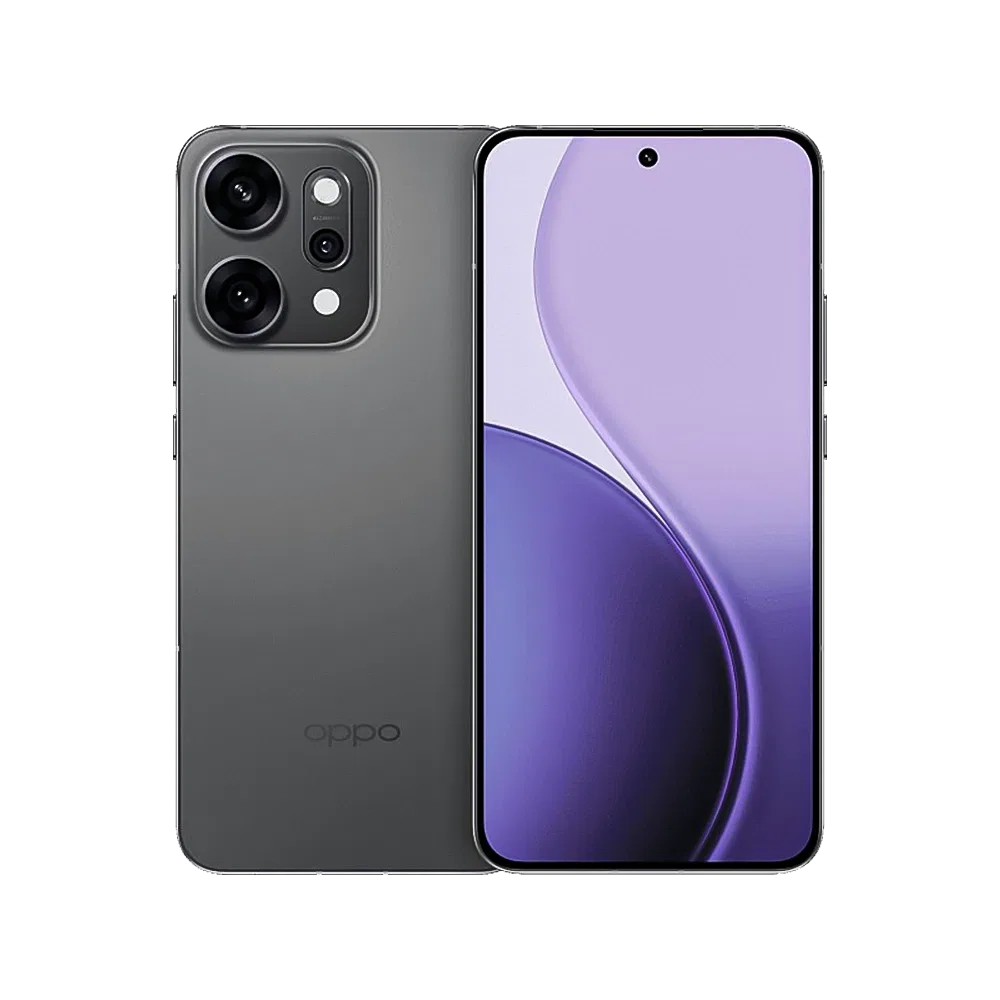 Oppo Reno 14 Pro gri akıllı telefonun ön ekran ve arka kamera modülünü gösteren vitrin çekimi