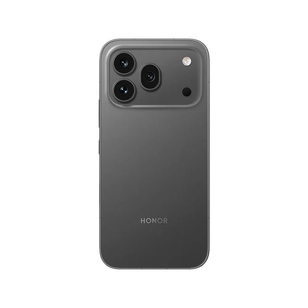 Siyah Honor 600 Pro akıllı telefonun arka yüzeyi, üçlü kamera sistemi ve sade tasarımıyla önden görünüm