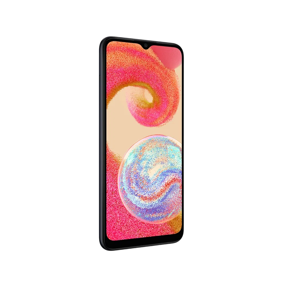 Siyah Samsung Galaxy A04e akıllı telefon, önden görünüm ve damla çentikli geniş ekran tasarımı