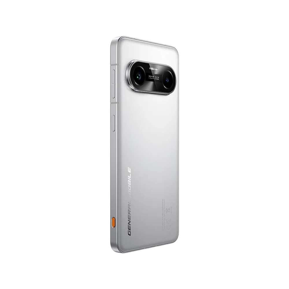 General Mobile GM Fenix 2 Pro 5G gri akıllı telefon, arka yüz ve çift kamera modülü yandan görünüm