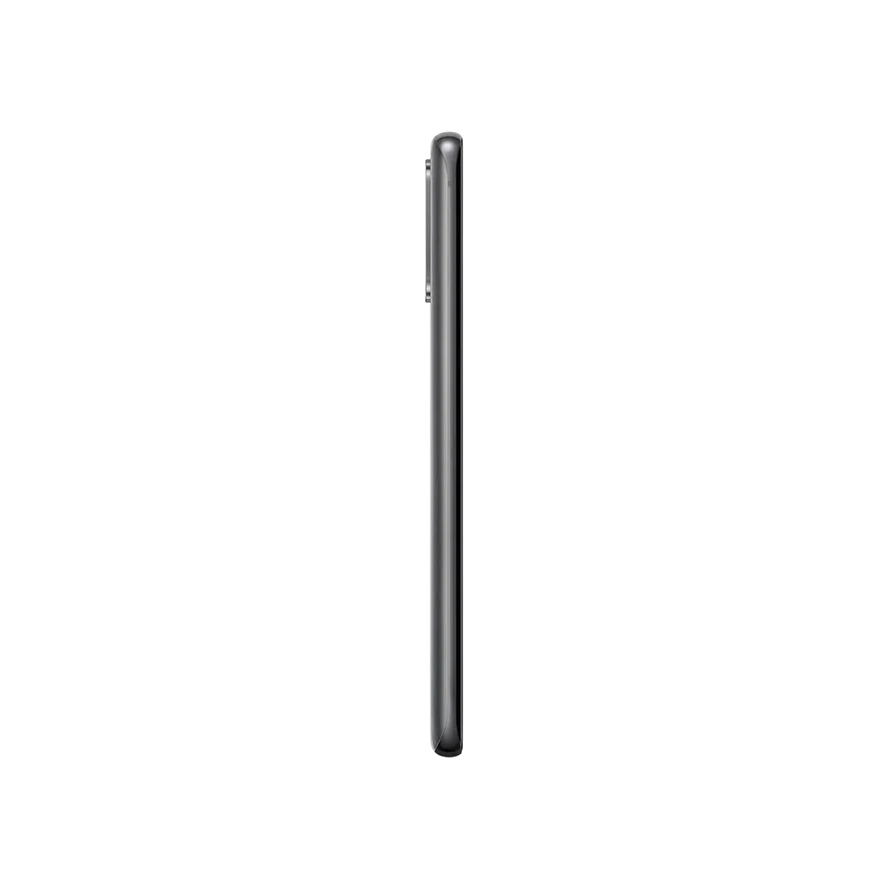Gri Samsung Galaxy S20 akıllı telefonun yan profilden görünümü, ince çerçeve ve kavisli tasarım detaylı