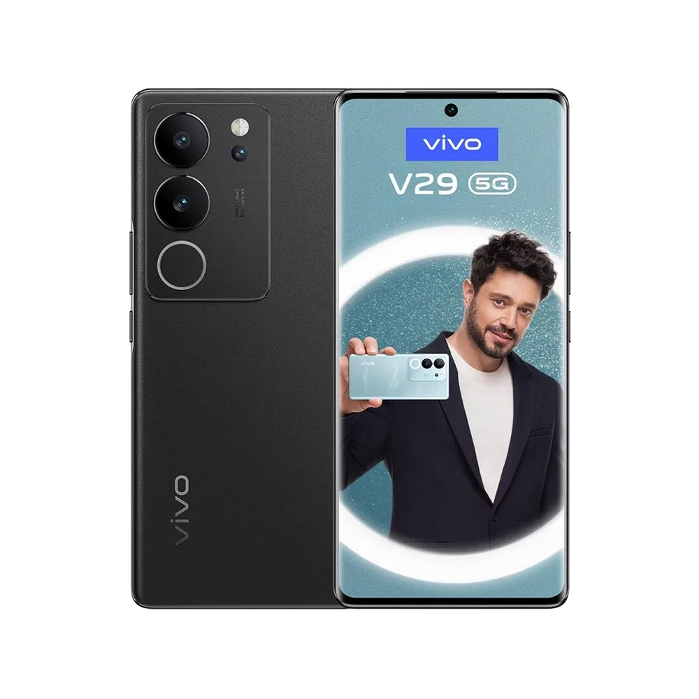 Siyah Vivo v29 5G akıllı telefon, ön ve arka görünüm; ince çerçeveli ekran ve çoklu kamera modülü