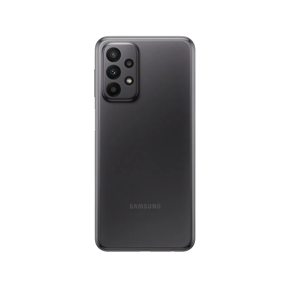 Samsung Galaxy A23 siyah akıllı telefonun arka yüzü, dörtlü kamera modülü ve LED flaş detaylı tasarım