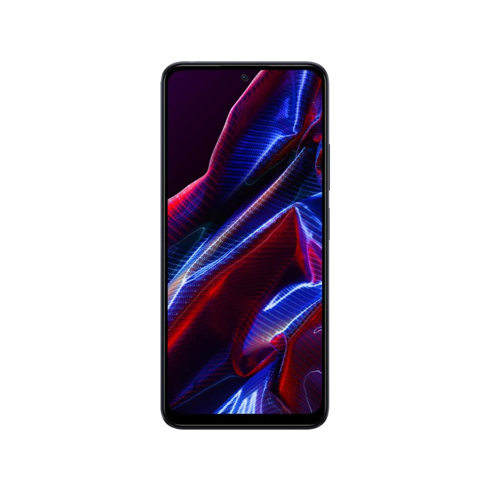 Siyah Poco X5 5G akıllı telefon, ince çerçeveli ön ekran tasarımı ve ortalanmış kamera detayıyla