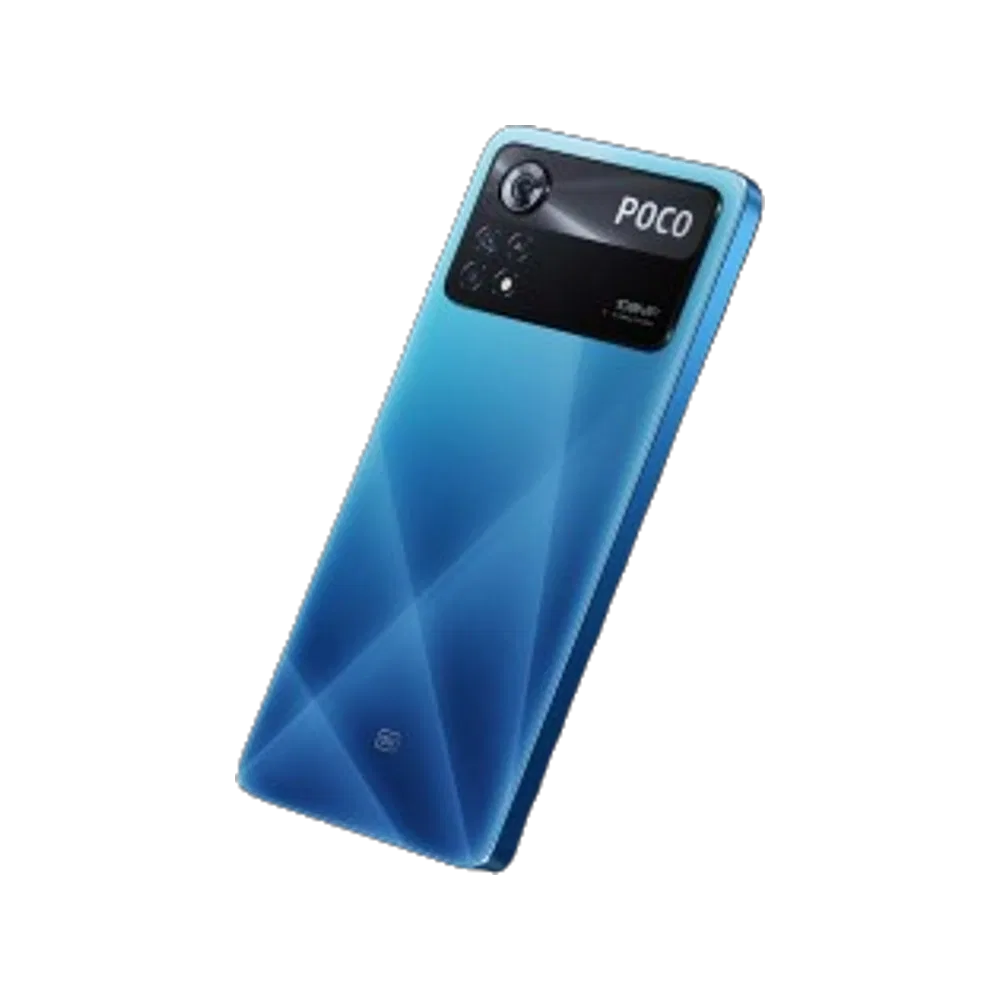 Mavi Poco X4 Pro akıllı telefon, arka yüzey tasarımı ve geniş siyah kamera modülüyle eğik açıdan görünüm
