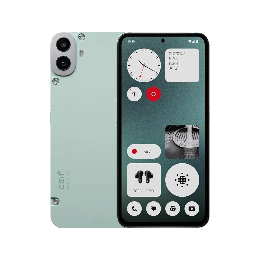 Nothing CMF Phone 1 yeşil akıllı telefonun ön ve arka yüzü, çift kamera ve renkli arayüzüyle birlikte