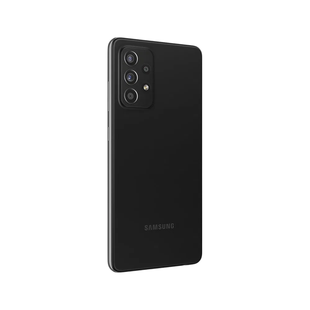 Siyah Samsung Galaxy A52 akıllı telefonun arka yüzü, dörtlü kamera modülü ve logo detayıyla