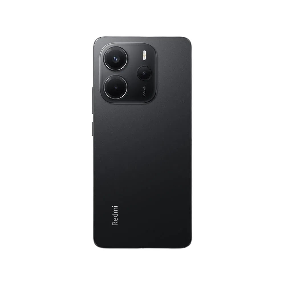 Siyah Xiaomi Redmi Note 14 5G akıllı telefonun arka yüzü, üçlü kamera modülü ve flaş detayı