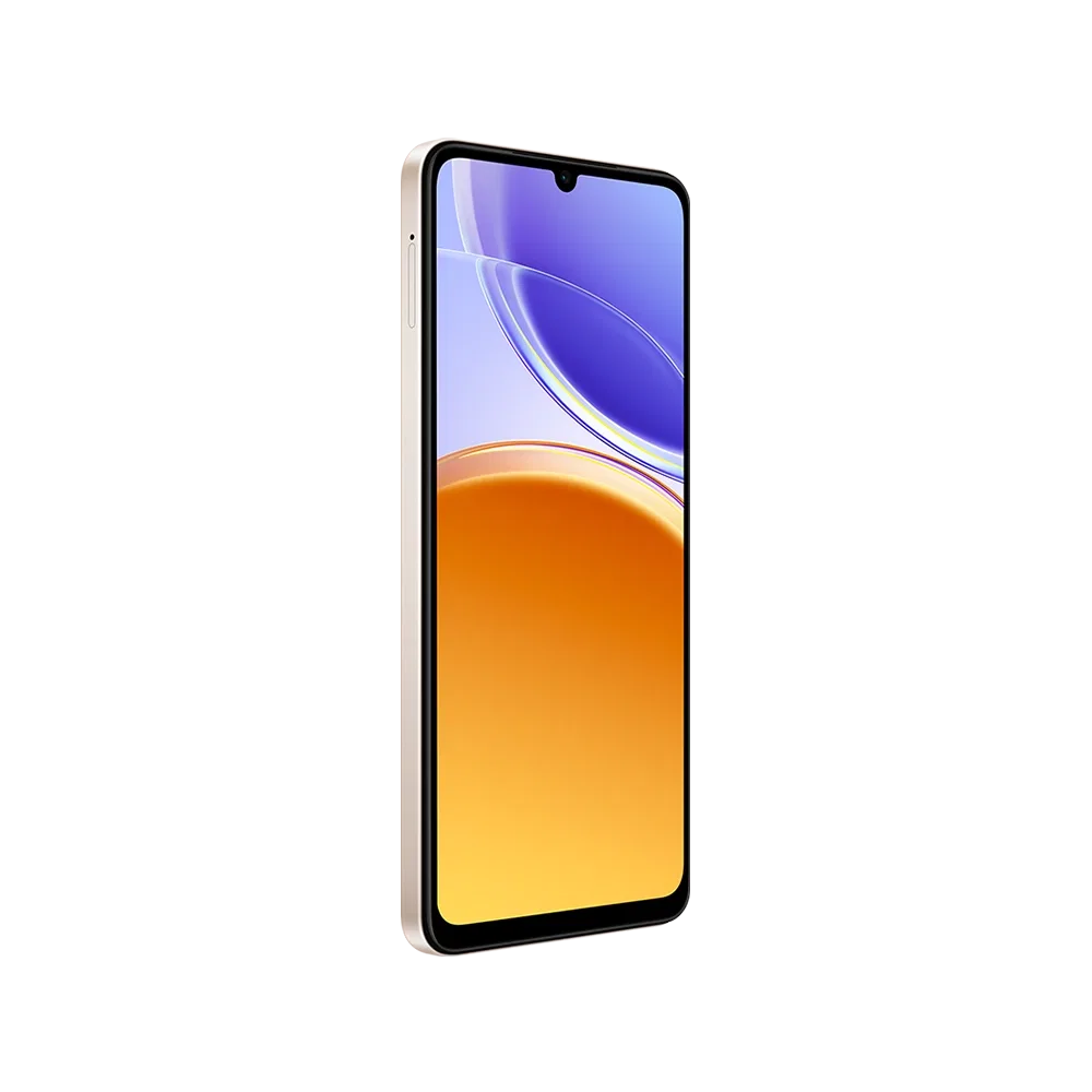 Altın Vivo Y21 5G akıllı telefon, kavisli ekranı mavi-turuncu arayüz ile önden görünüyor