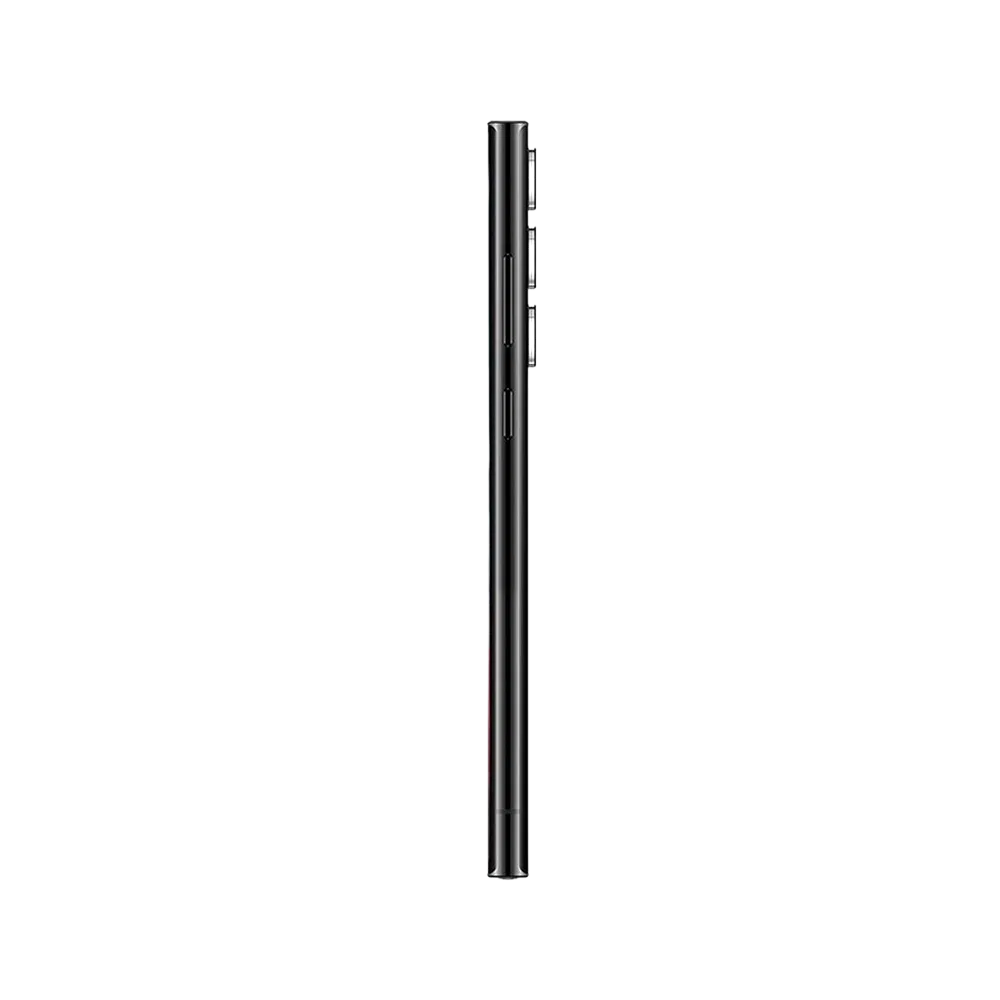 Siyah Samsung Galaxy S22 Ultra akıllı telefonun yan profilden görünümü, ince gövde ve tuş detayları