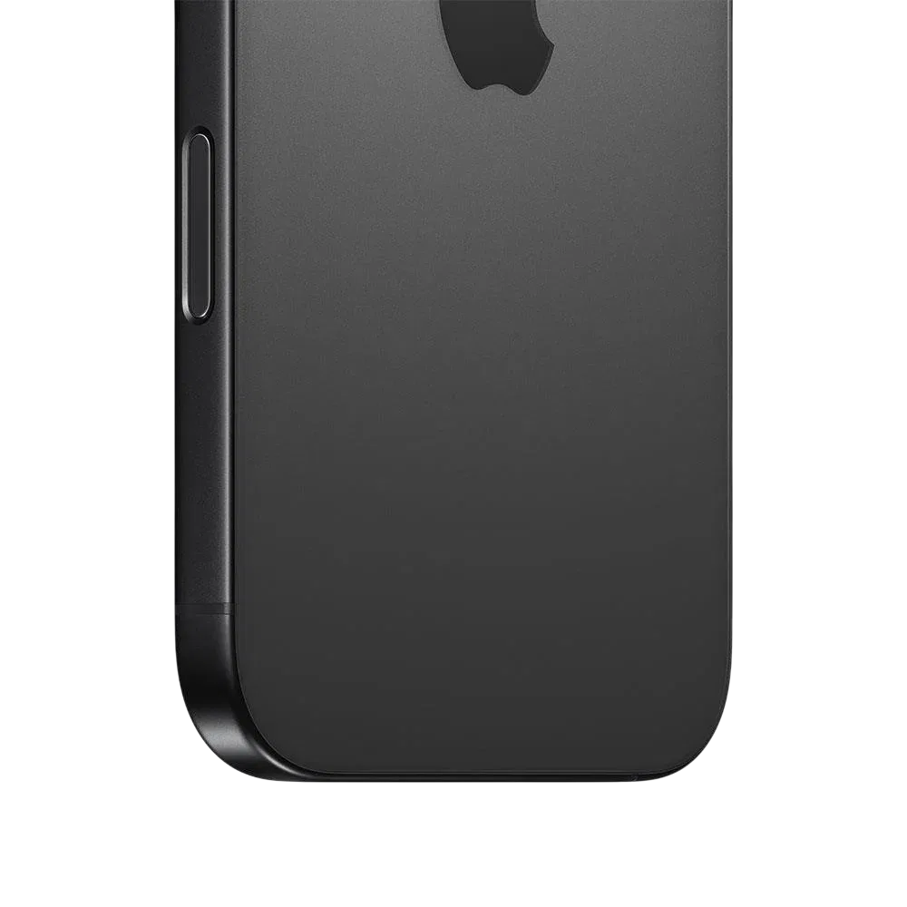 Apple iPhone 16 Pro Max Siyah Titanyum akıllı telefonun arka yüzeyi ve yan tuş detayı, yakın çekim
