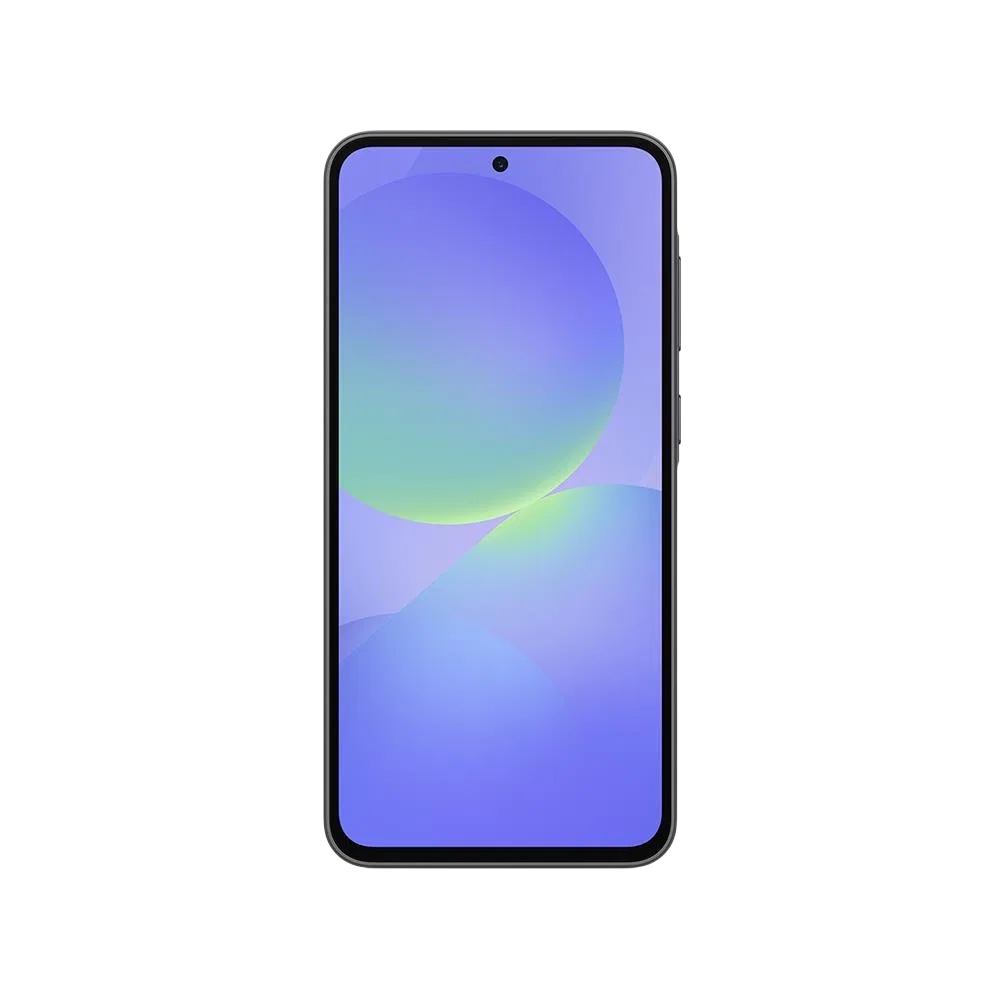 Samsung Galaxy A36 siyah akıllı telefon, önden görünüm; ince çerçeveli ekran ve ortada ön kamera deliği