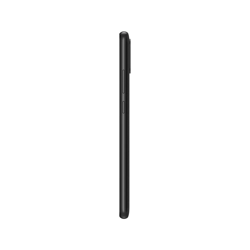 Samsung Galaxy A03 siyah akıllı telefonun yandan görünümü, ince gövde ve yan tuş detaylarıyla