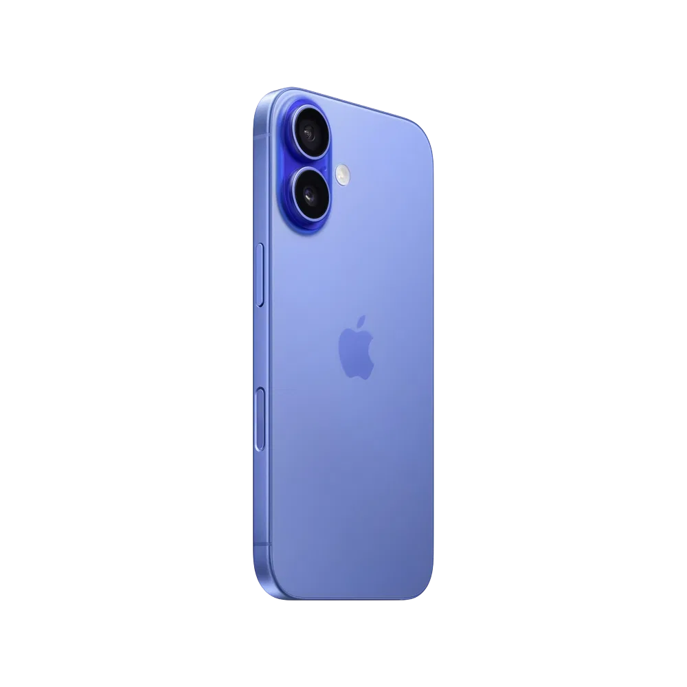 Apple iPhone 16 Plus mavi akıllı telefonun arka yüzü, çift kamera ve Apple logosu detayı