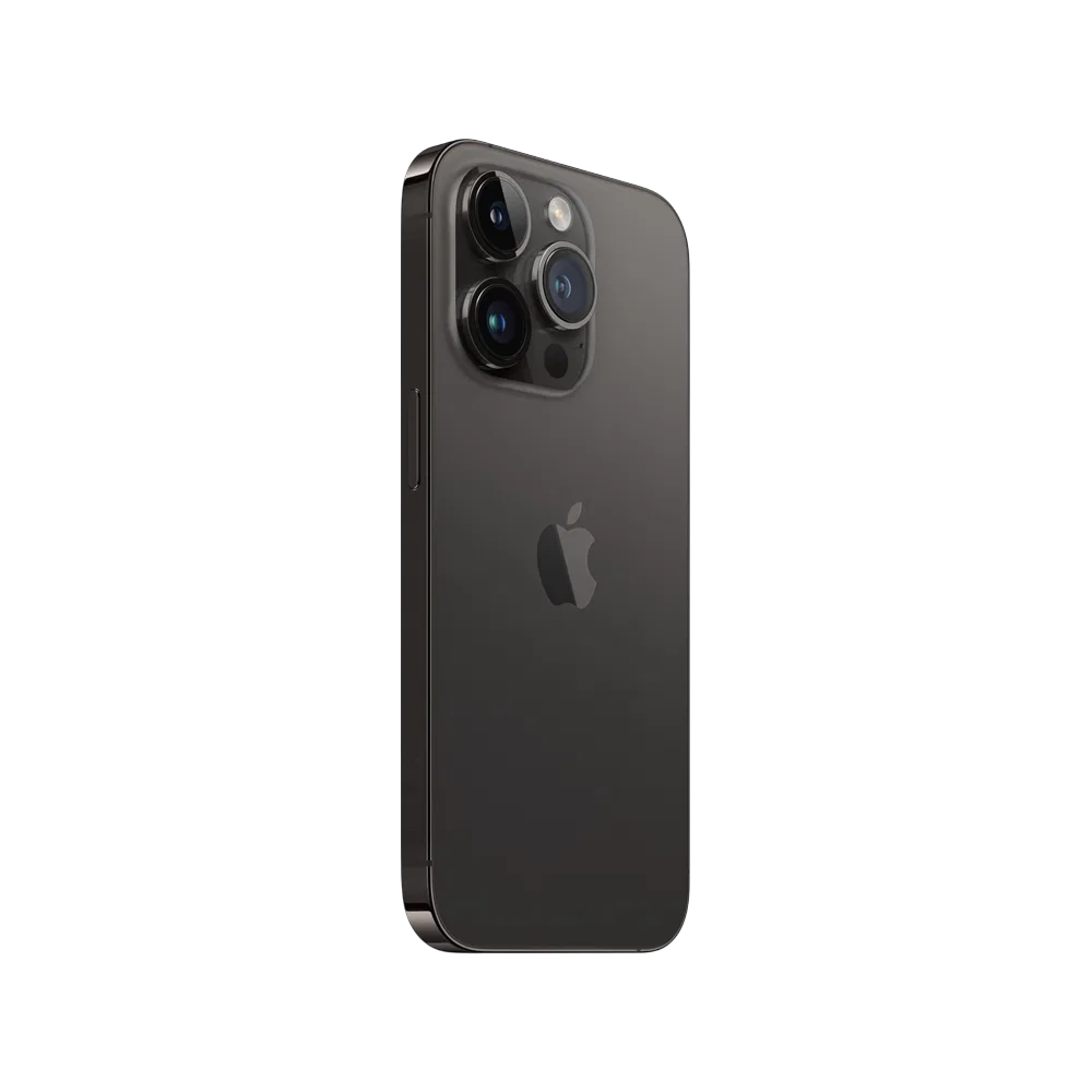 Siyah Apple iPhone 14 Pro akıllı telefonun arka yüzü, üçlü kamera sistemi ve Apple logosu görünüyor