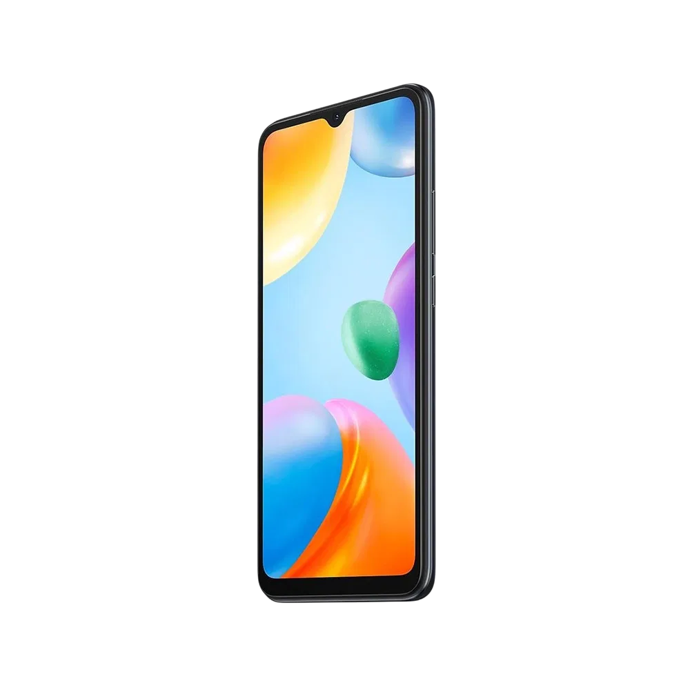 Xiaomi Redmi 10C siyah akıllı telefon, ince çerçeveli ekran ve damla çentik tasarımıyla önden görünüm