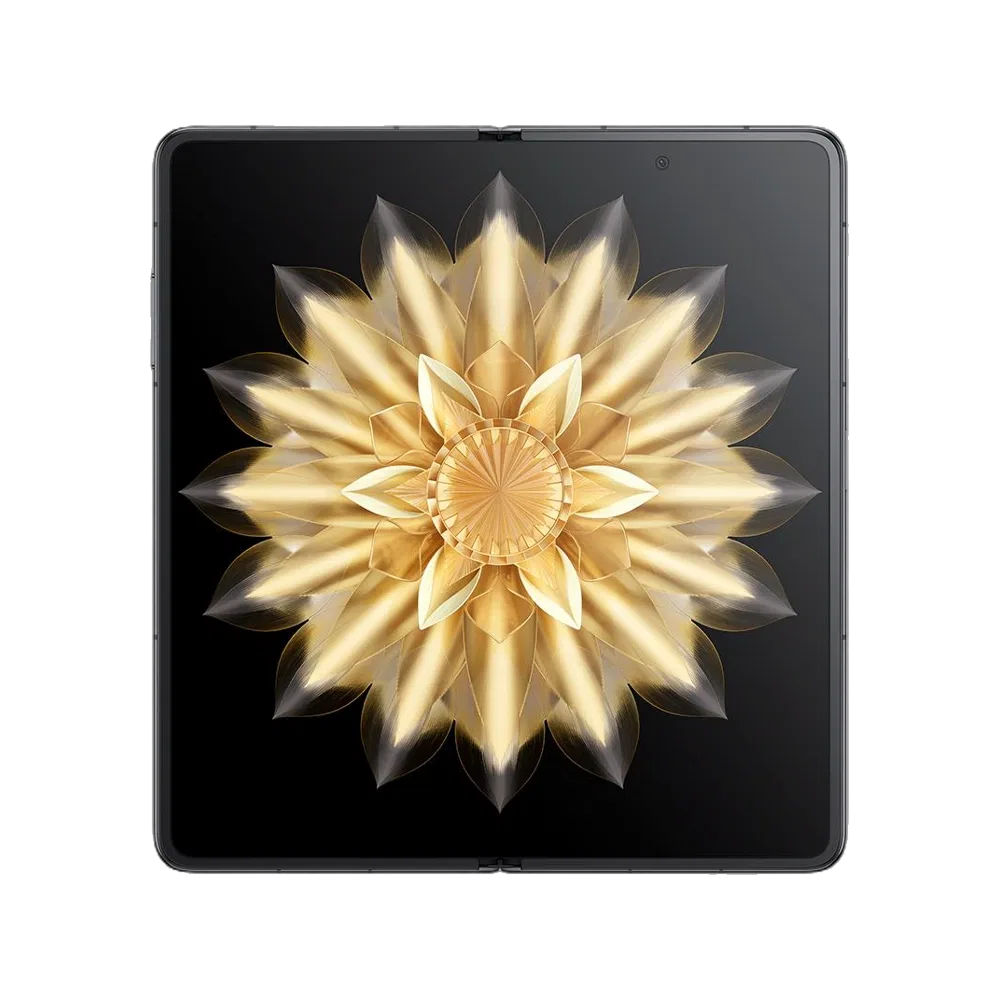 Siyah Honor Magic V2 katlanabilir akıllı telefon, açık ekranında altın çiçek deseniyle önden görünür