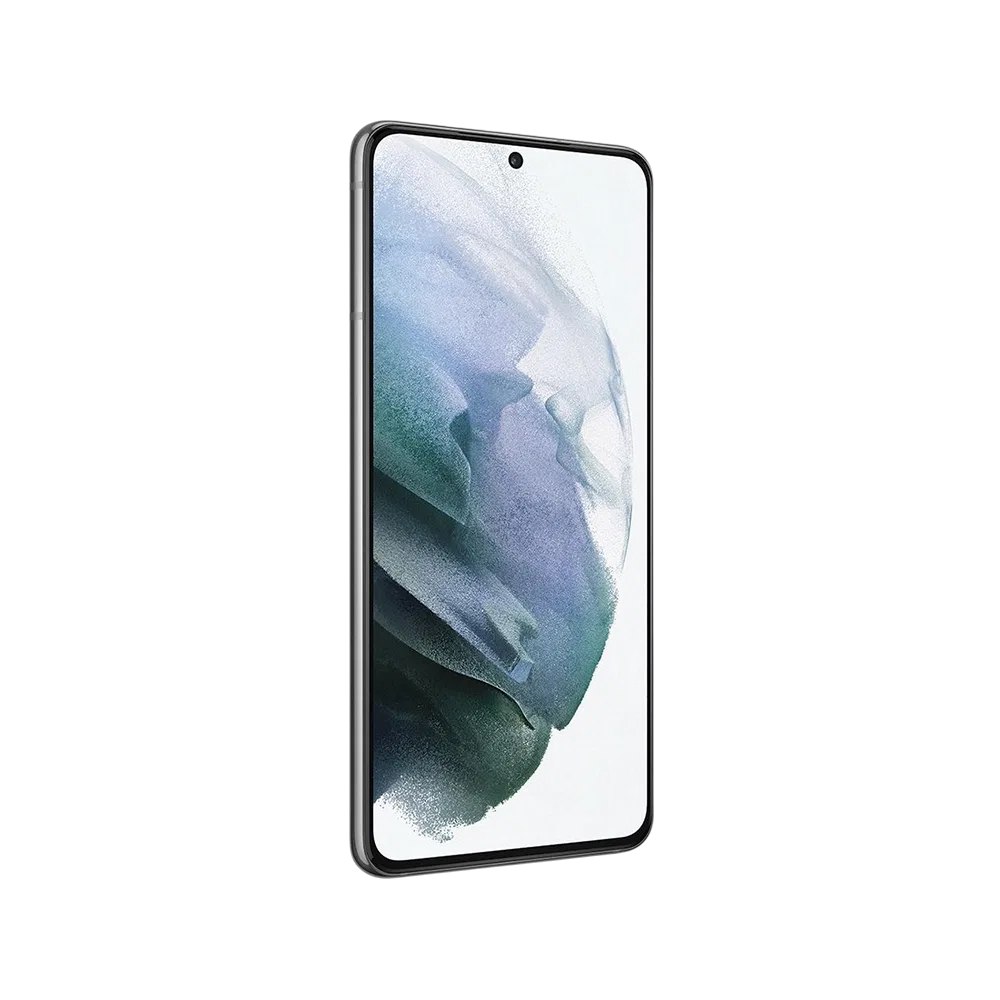 Gri Samsung Galaxy S21 akıllı telefonun önden görünümü, ince çerçeveli ekran ve ortada ön kamera deliği