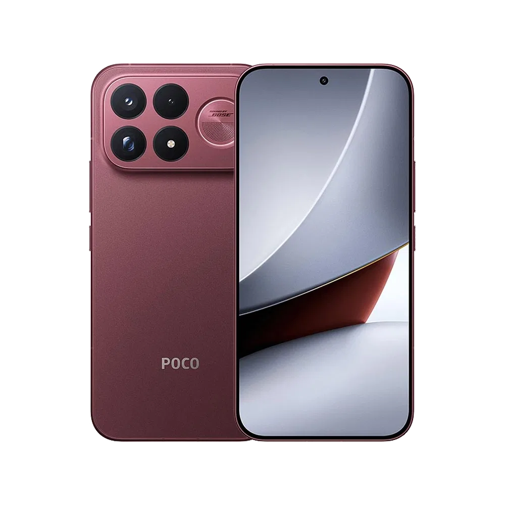 Xiaomi Poco F9 Ultra kırmızı akıllı telefonun ön ve arka yüzü, çoklu kamera sistemiyle birlikte gösteriliyor.