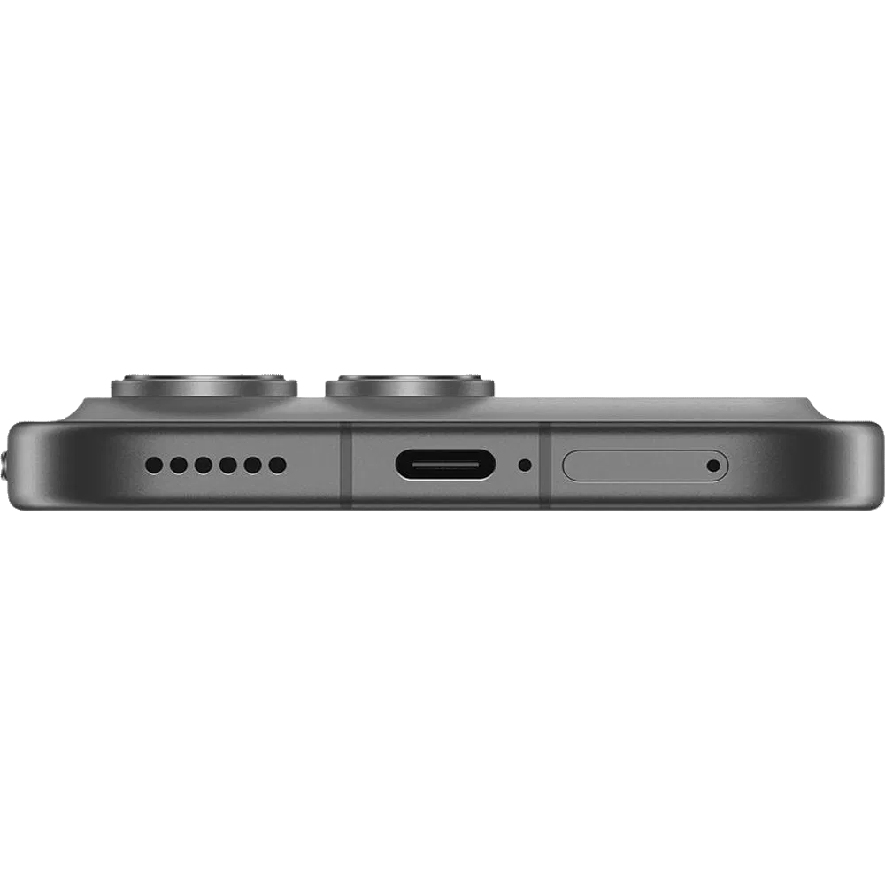 Siyah Honor 600 Pro akıllı telefonun alt kenar detayında USB-C girişi, hoparlör ızgarası ve SIM yuvası