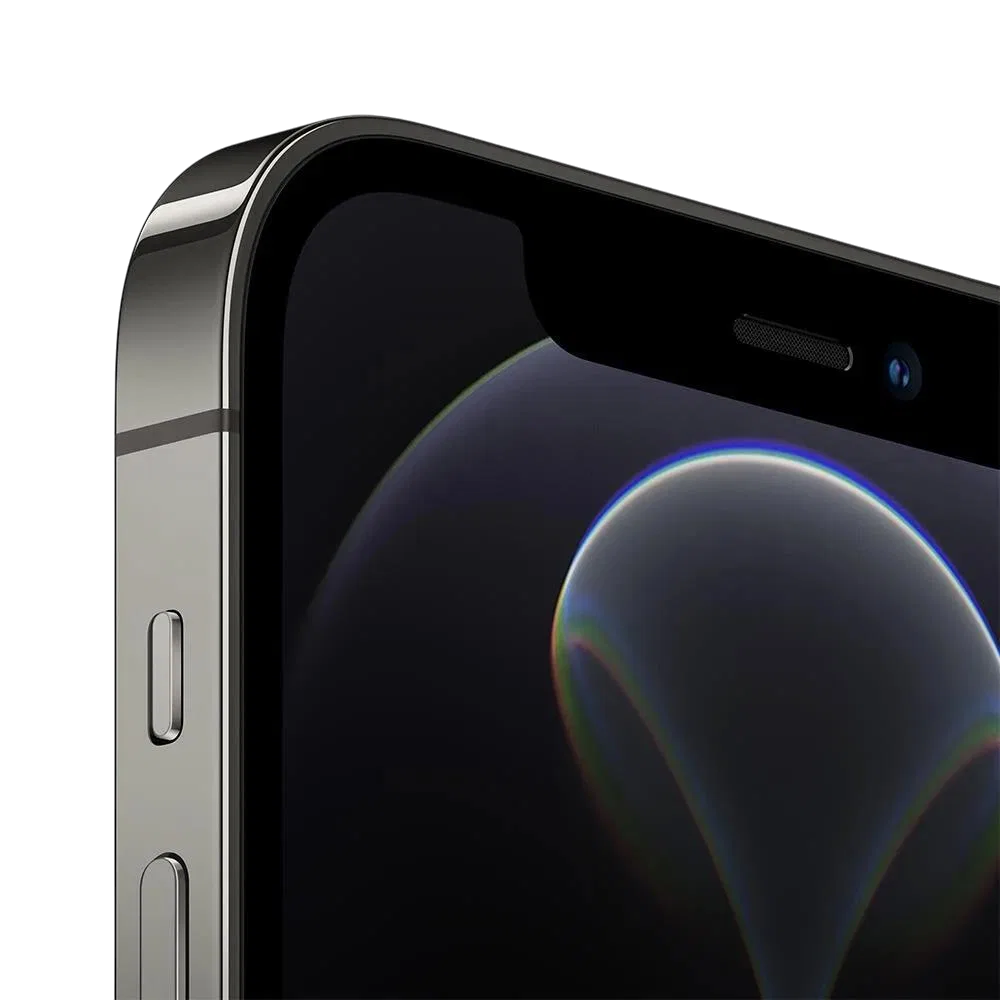 Siyah Apple iPhone 12 Pro Max akıllı telefonun ön yüzüne yakın plan, ekran ve çerçeve detayı