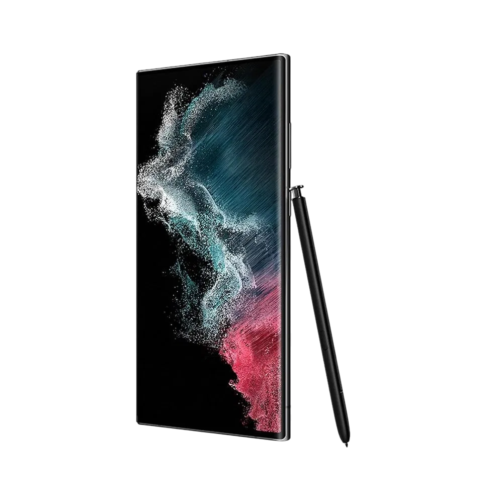 Samsung Galaxy S22 Ultra siyah akıllı telefon, kavisli ekran ve S Pen kalem ile önden görünüm