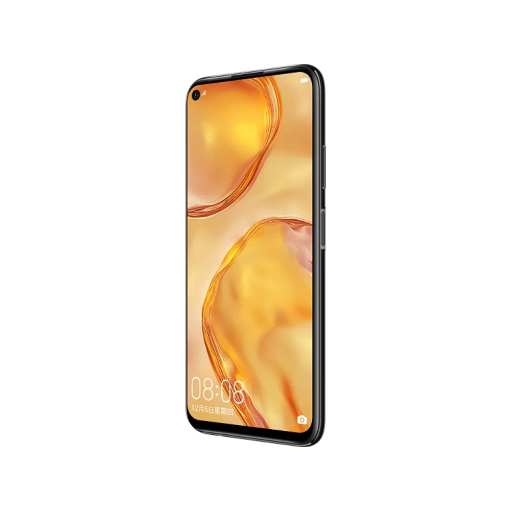 Huawei P40 Lite siyah akıllı telefon, ön yüzü ve canlı turuncu ekranıyla eğik açıdan görüntüleniyor