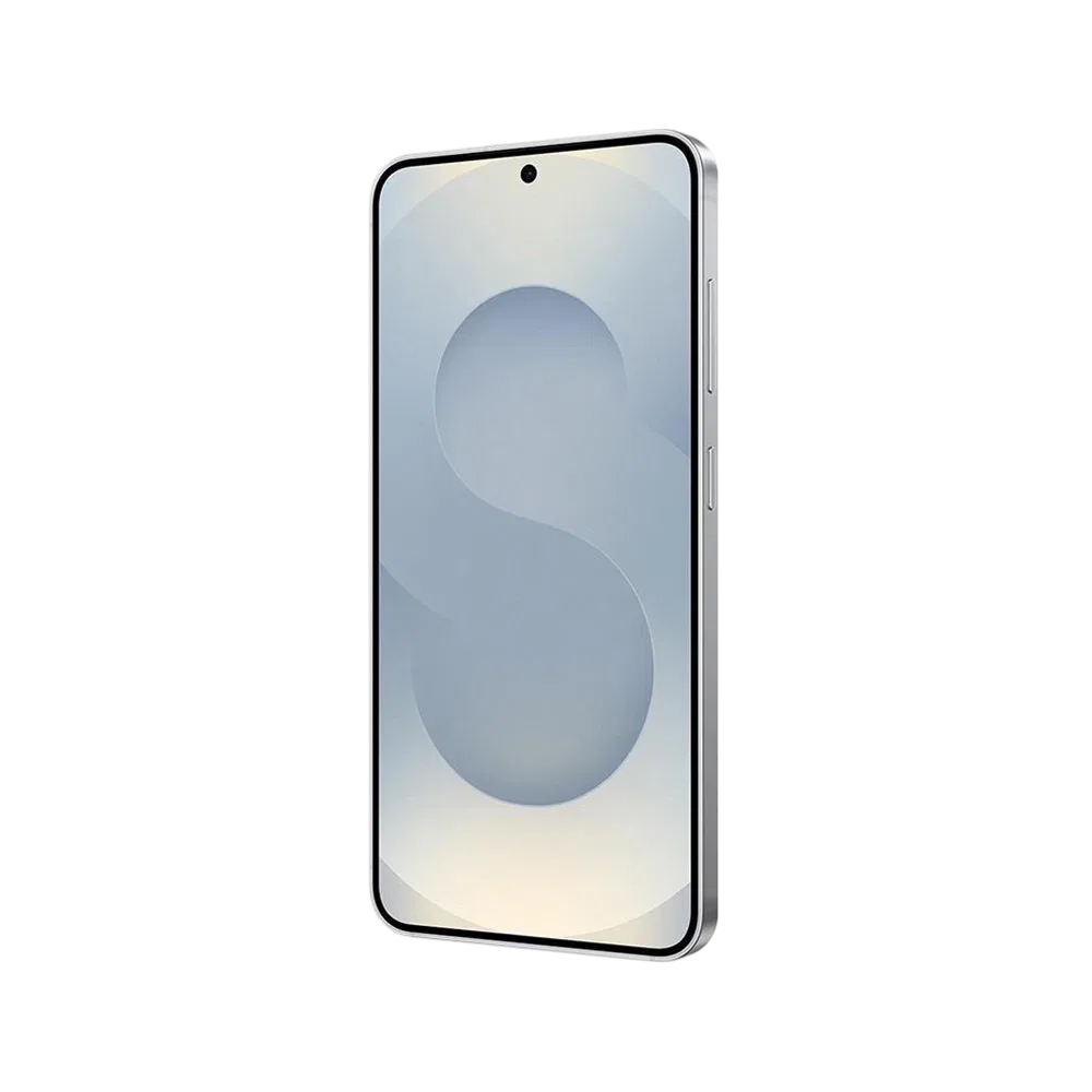 Gümüş Samsung Galaxy S25 akıllı telefon, önden görünüm; ince çerçeveli ekran ve merkez ön kamera deliği