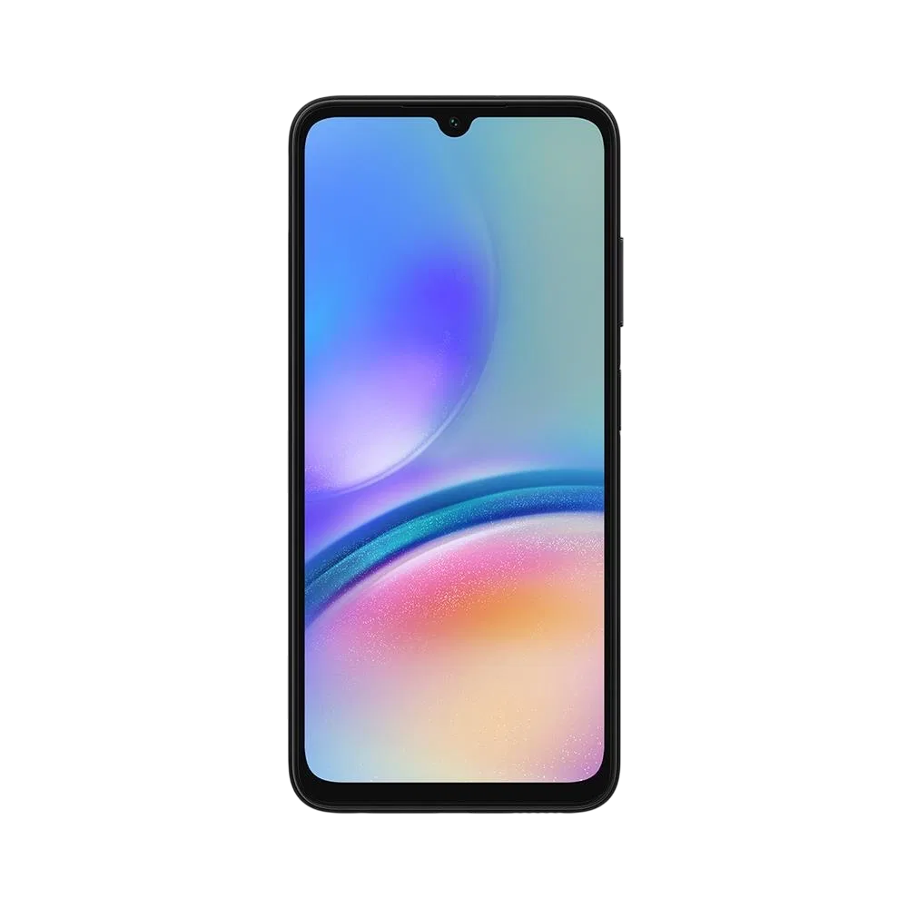 Samsung Galaxy A05s siyah akıllı telefon, önden görünüm; çentikli geniş ekran ve ince çerçeve tasarımı