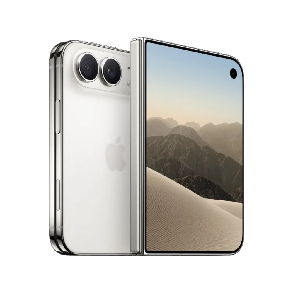 Apple iPhone Duo beyaz telefonun ön ve arka yüzü, çift kamera ve dağ manzaralı ekranıyla sergileniyor