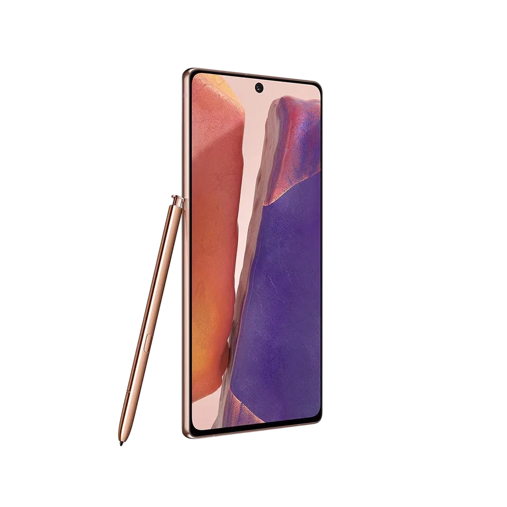Bakır renk Samsung Galaxy Note 20 akıllı telefon, önden ekran görünümü ve yanında S Pen kalemiyle