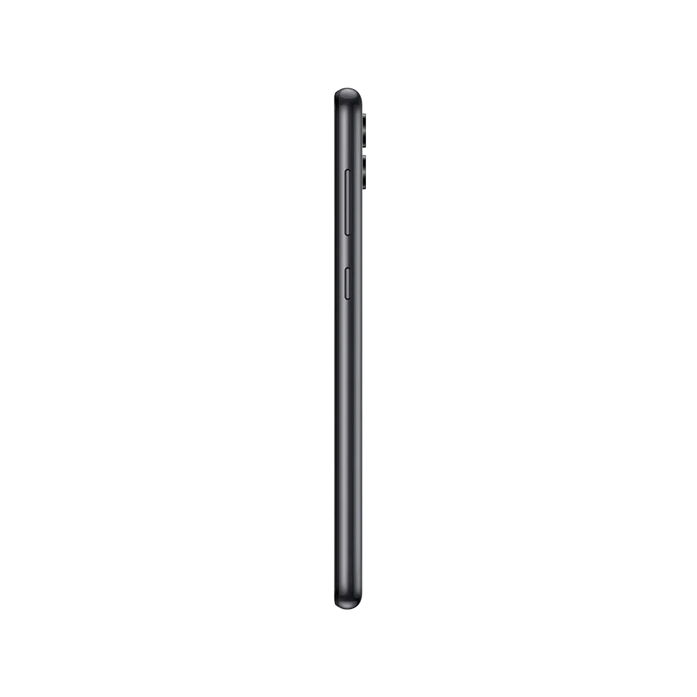 Samsung Galaxy A04 siyah akıllı telefonun yan profili, ince gövde ve yan tuş detaylarıyla görünüm