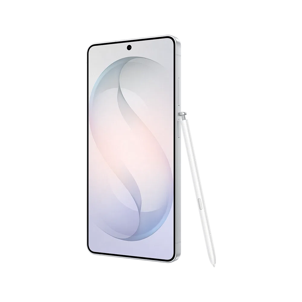 Beyaz Samsung Galaxy S26 Ultra akıllı telefon, ince çerçeveli ekran ve yanında S Pen kalemle görünüm