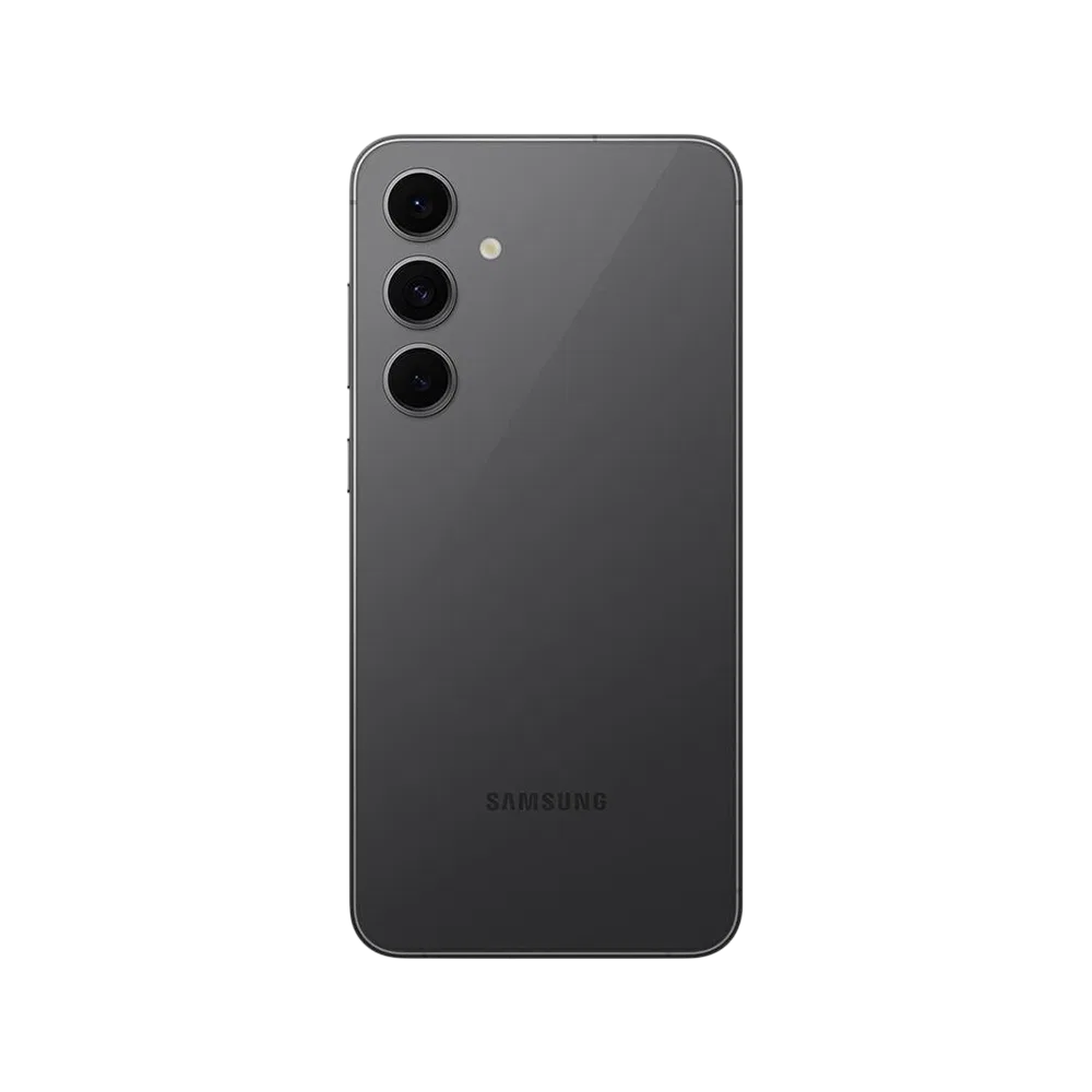 Samsung Galaxy S24 FE siyah akıllı telefonun arka yüzü, üçlü kamera ve flaş detayıyla görünüm