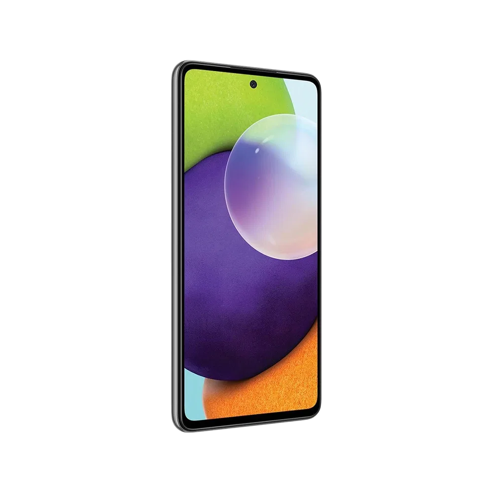 Samsung Galaxy A52 siyah akıllı telefon, önden görünüm, ince çerçeveli ekran ve delikli ön kamera