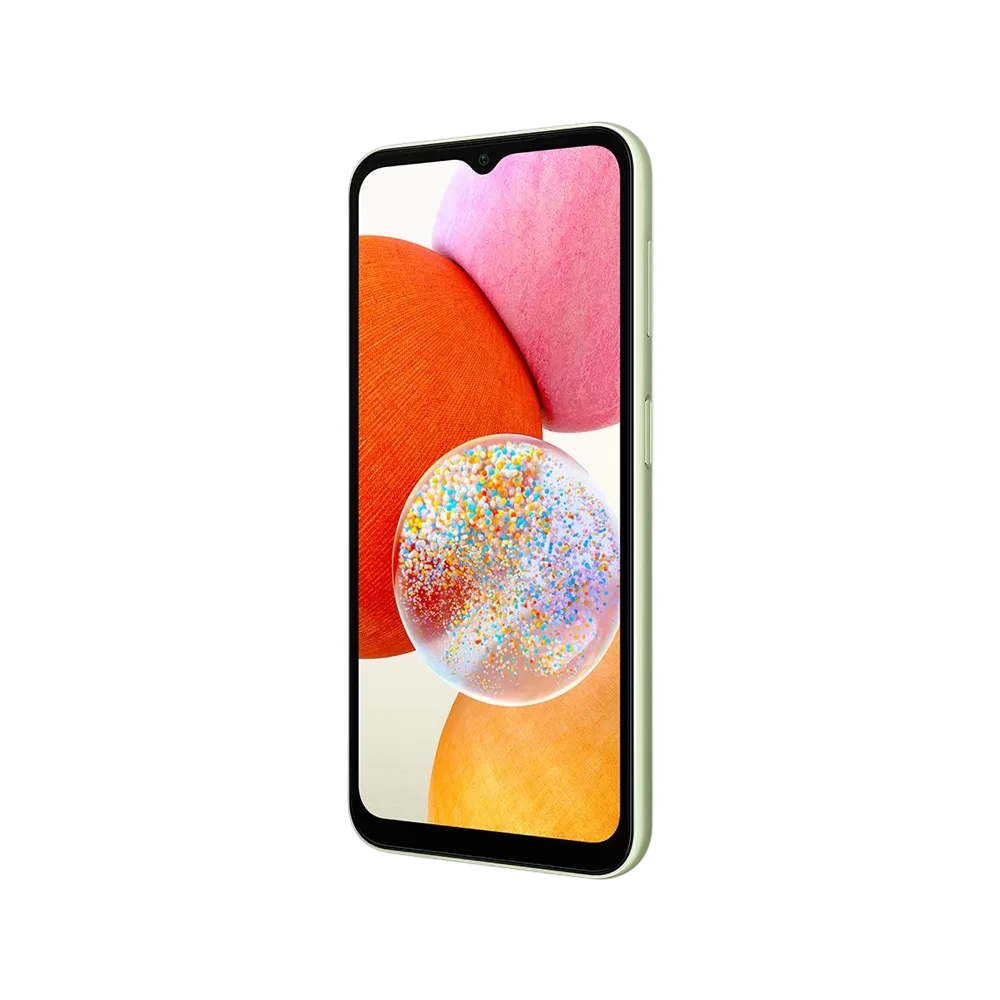 Yeşil Samsung Galaxy A14 akıllı telefon, önden ekran açık, ince çerçeveli tasarım ve damla çentik detaylı