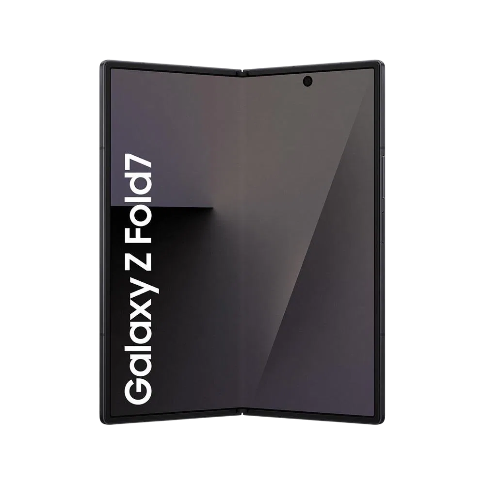 Samsung Galaxy Z Fold7 siyah katlanabilir akıllı telefon, açık konumda geniş iç ekran ve ön kamera detayı
