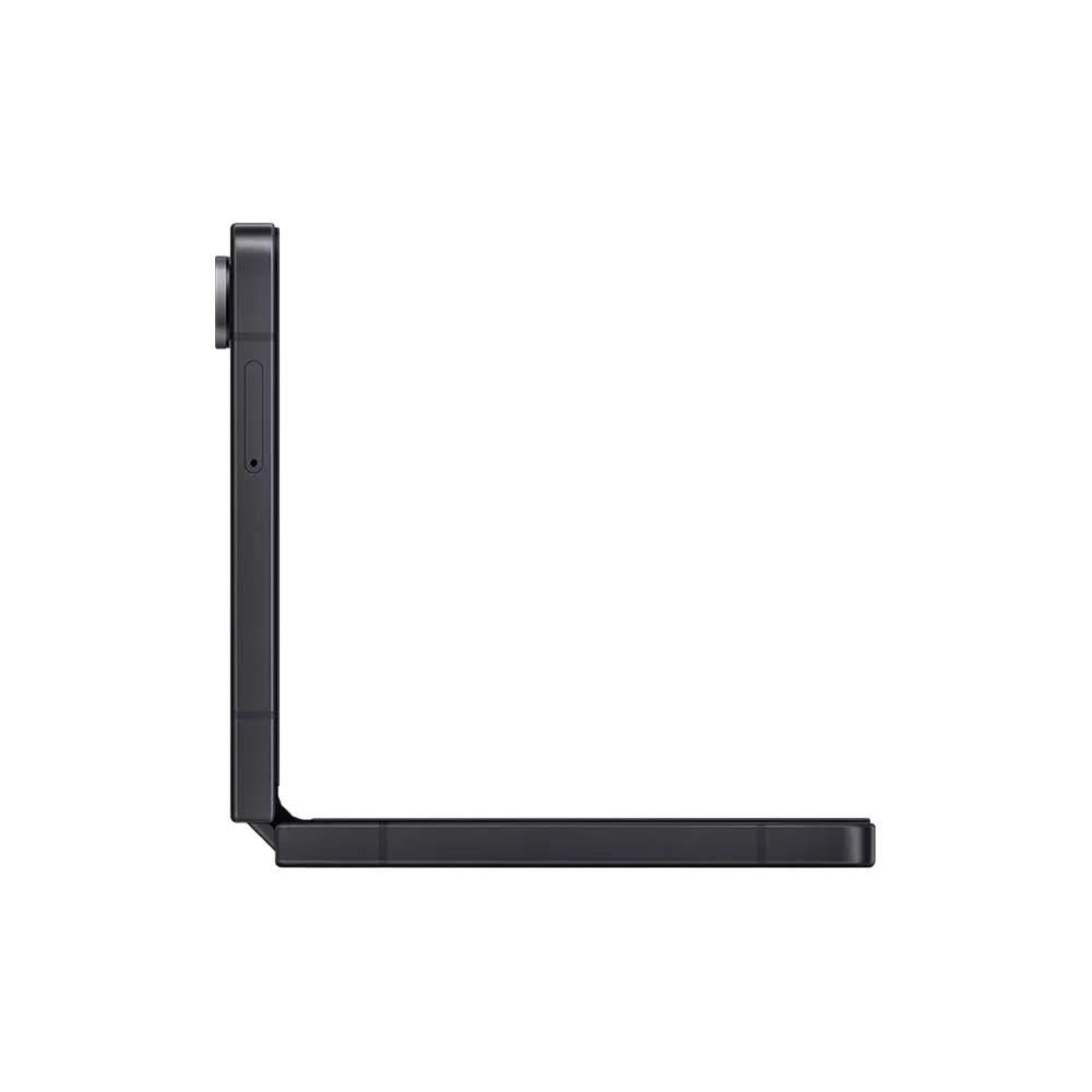 Samsung Galaxy Z Flip7 siyah katlanabilir akıllı telefonun yandan açık konumda ince tasarımı
