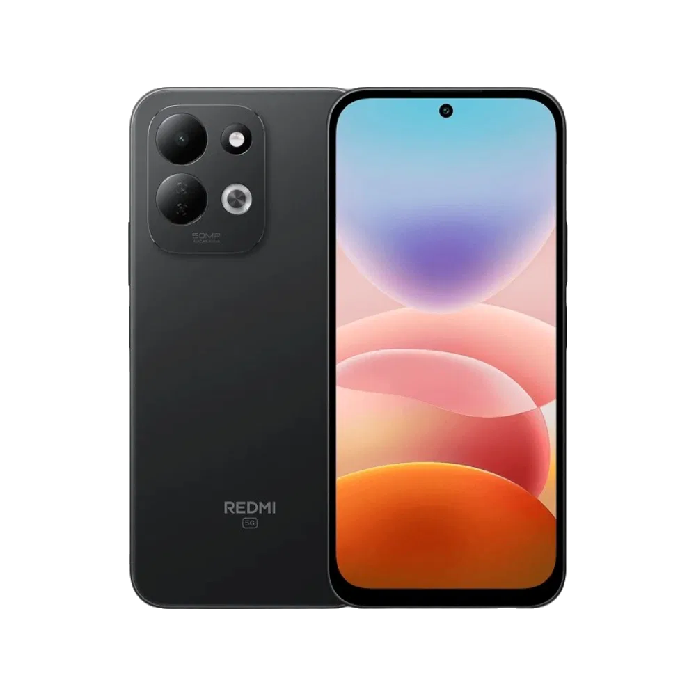 Siyah Xiaomi Redmi 17 5G akıllı telefon ön ve arka görünüm, 5G destekli vitrinde sergileniyor