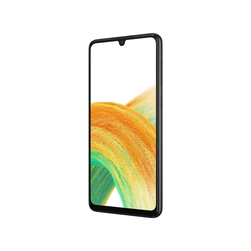 Samsung Galaxy A33 siyah akıllı telefon, ön yüz ekranı açık, ince çerçeveli tasarım ve damla çentik detaylı
