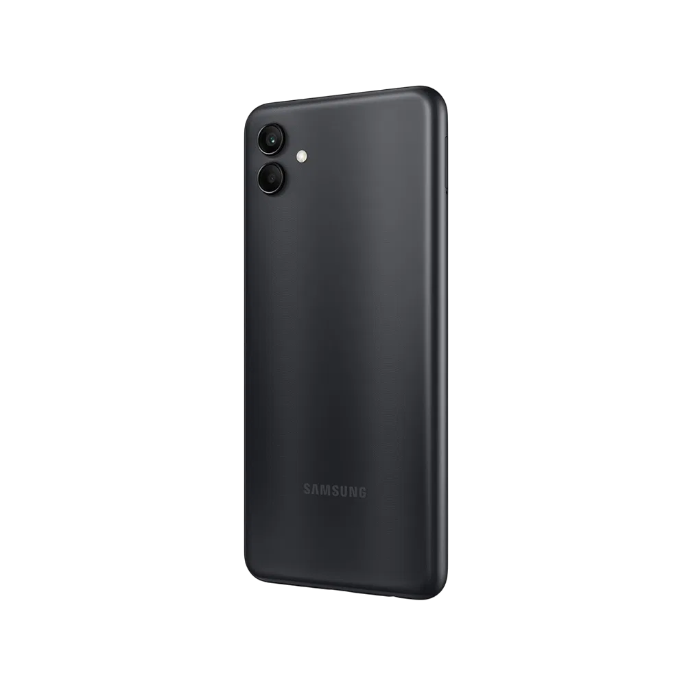 Samsung Galaxy A04 siyah akıllı telefonun arka yüzü, çift kamera ve LED flaş detaylı görünüm