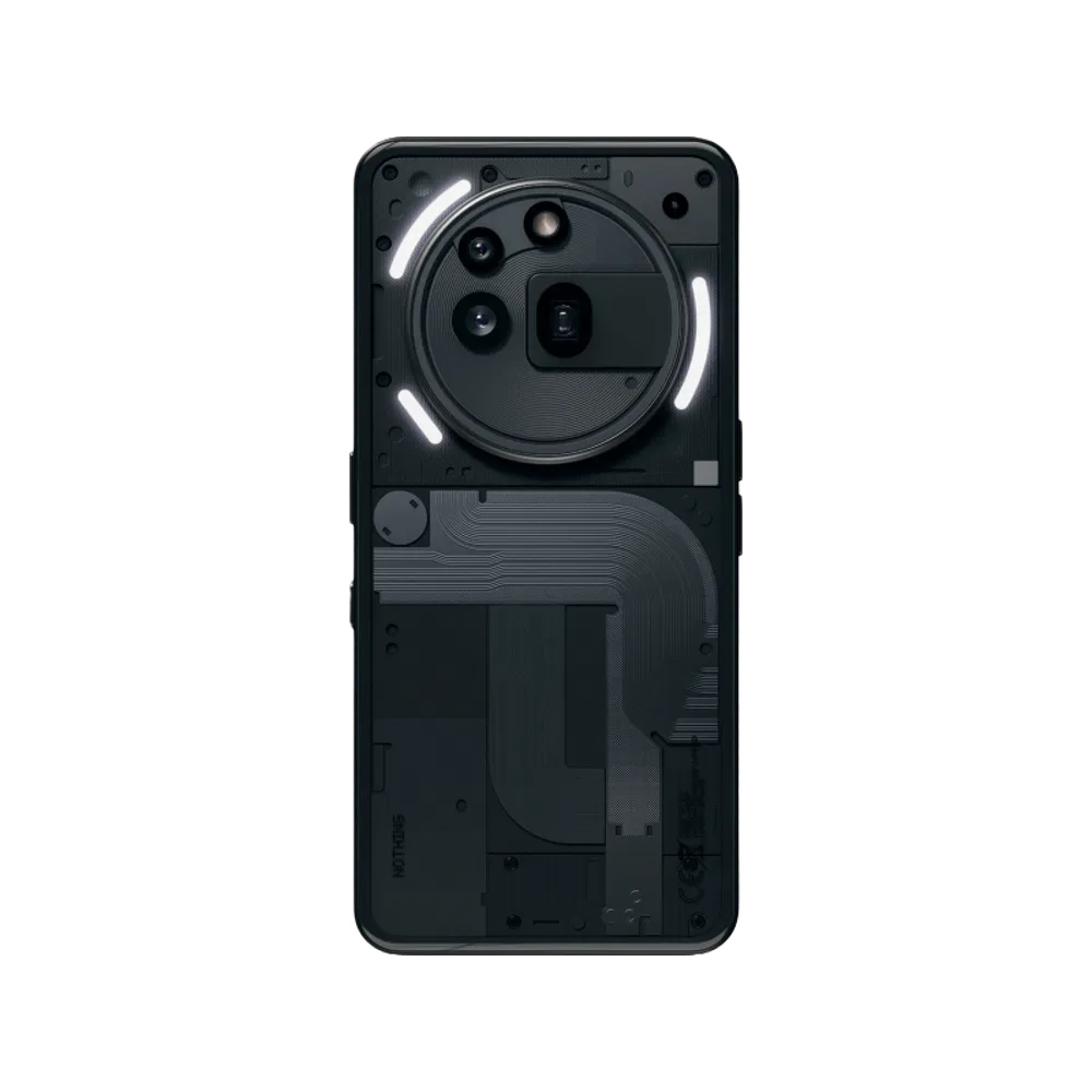 Nothing Phone 3a Pro siyah akıllı telefon, arka yüzeyde dairesel kamera modülü ve ışık şeritleriyle