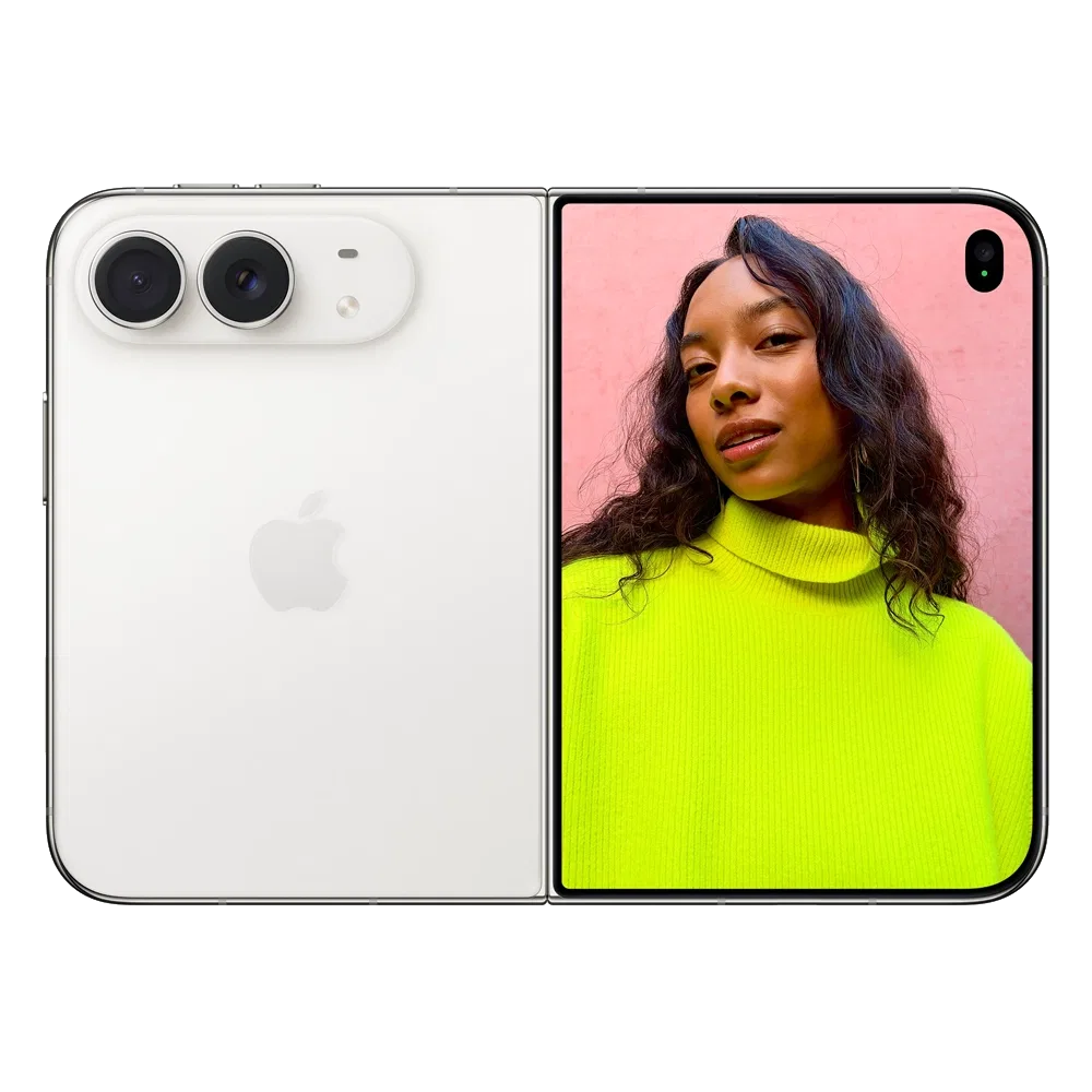 Apple iPhone Duo beyaz telefonun çift kameralı arka yüzü ve renkli portre ekranı birlikte gösteriliyor