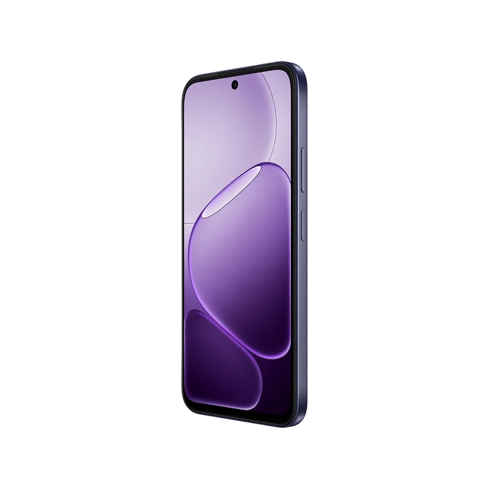 Mor Oppo A6T 5G akıllı telefon, ince çerçeveli ekran ve yan tuş detaylarıyla önden görünüm