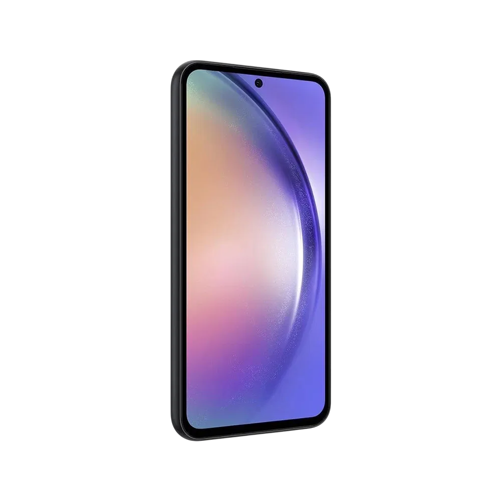 Siyah Samsung Galaxy A54 akıllı telefon, önden görünüm, tam ekran tasarım ve ön kamera deliğiyle