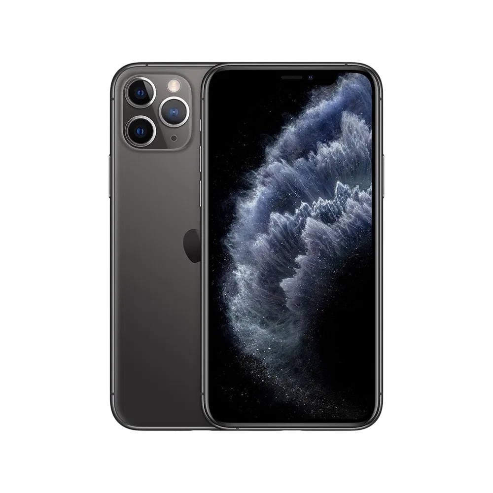 Siyah Apple iPhone 11 Pro akıllı telefon, üçlü arka kamera ve ekran ön yüzüyle yan yana görünüm