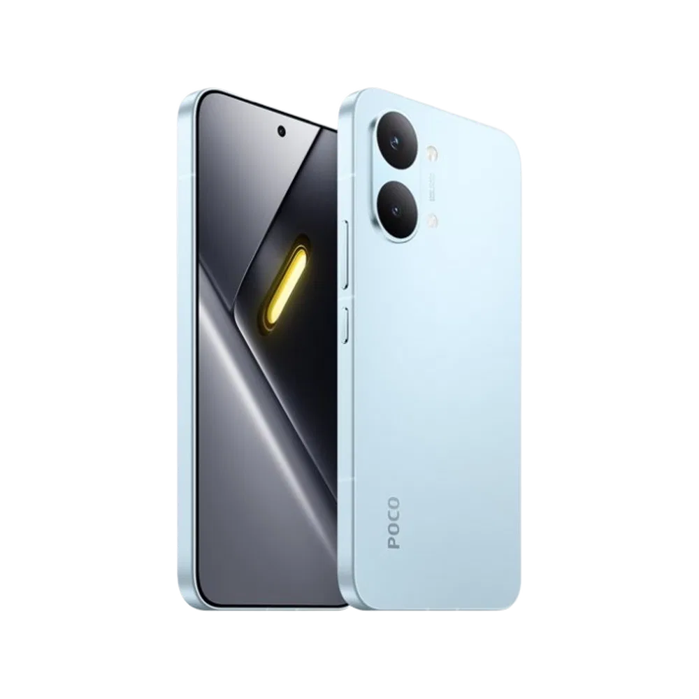 Mavi Poco X8 Pro Max akıllı telefon, ince çerçeveli ekranı ve çift arka kameralı şık tasarımıyla önden ve arkadan görünüm