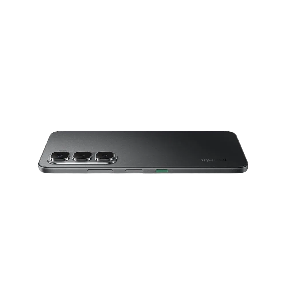 Infinix Hot 60i siyah akıllı telefon, yan profilden arka yüz ve üçlü kamera modülü detaylı görünüm