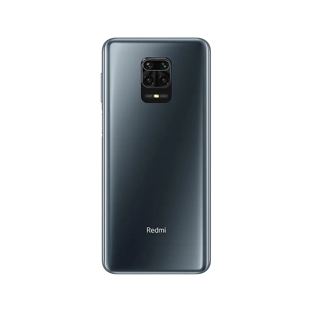 Xiaomi Redmi Note 9 Pro siyah akıllı telefonun arka yüzü, dörtlü kamera modülü ve Redmi logosuyle