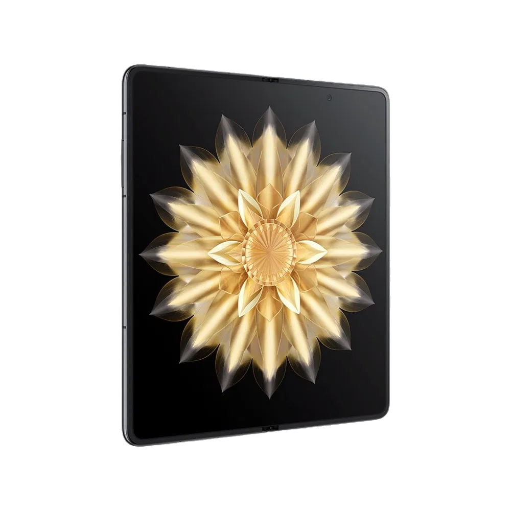 Siyah Honor Magic V2 akıllı telefon, katlanabilir ekranında altın çiçek deseniyle önden görünür halde